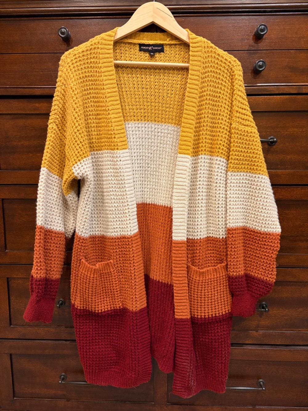 Almost Famous 1X Striped Open Cardigan Mustard Cream Orange Red Knit Cozy